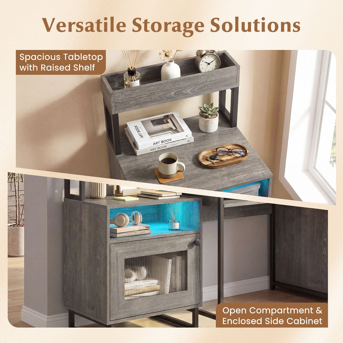 Nightstand with LED Lights Modern End Table with Top Tray Open Compartment and Storage Cabinet-Gray view 8