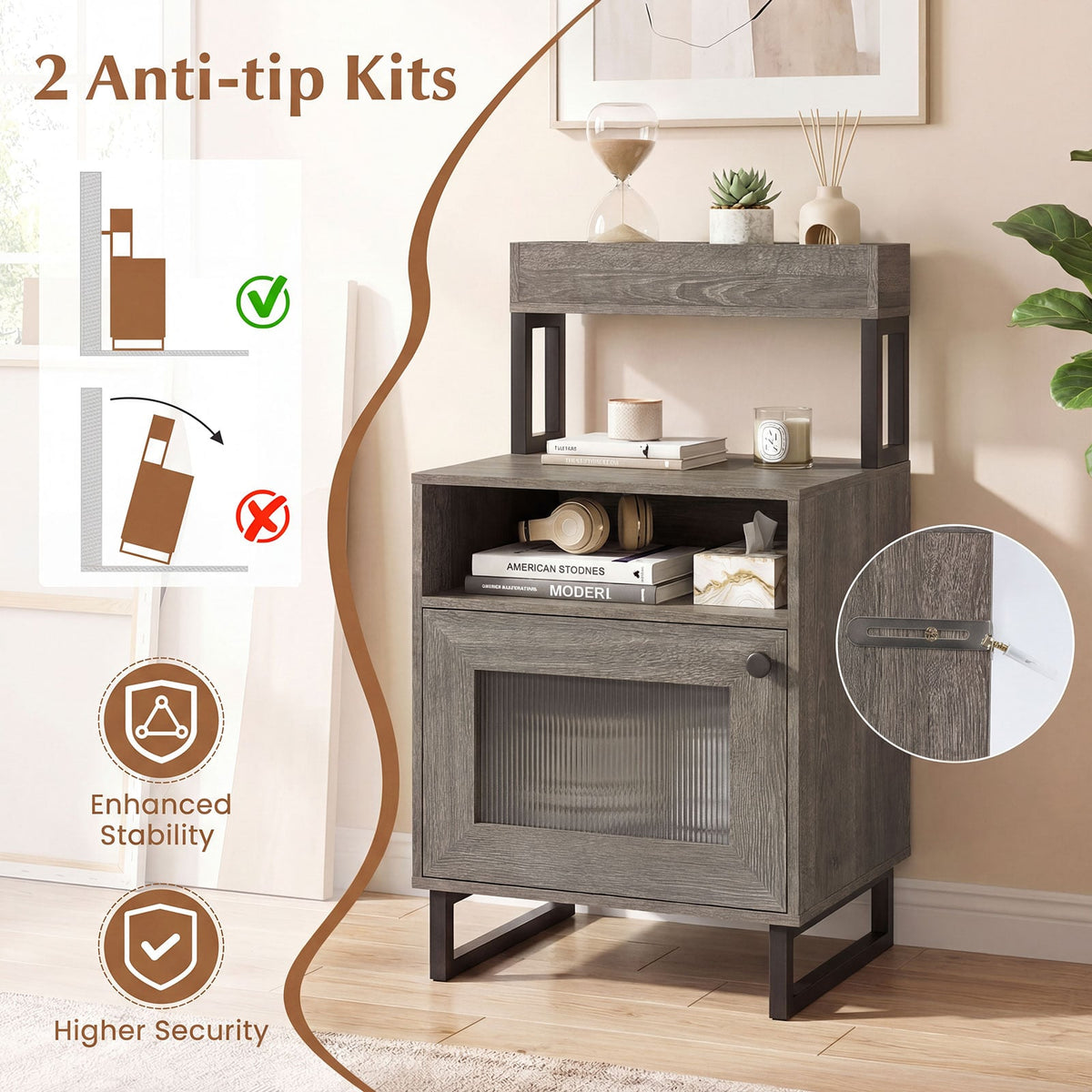 Nightstand with LED Lights Modern End Table with Top Tray Open Compartment and Storage Cabinet-Gray view 9