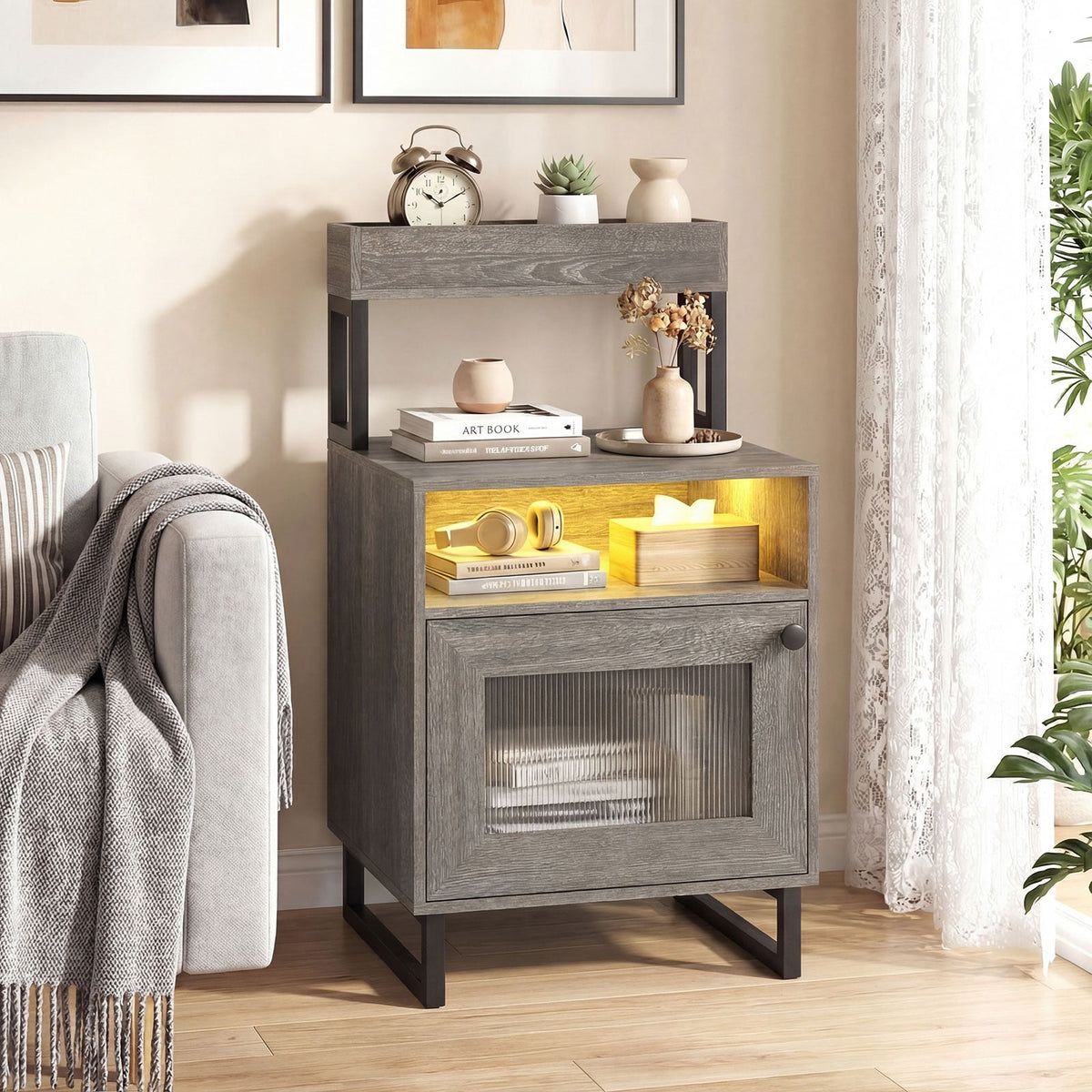 Nightstand with LED Lights Modern End Table with Top Tray Open Compartment and Storage Cabinet-Gray view 2