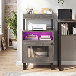 Nightstand with LED Lights Modern End Table with Top Tray Open Compartment and Storage Cabinet-Gray view 3