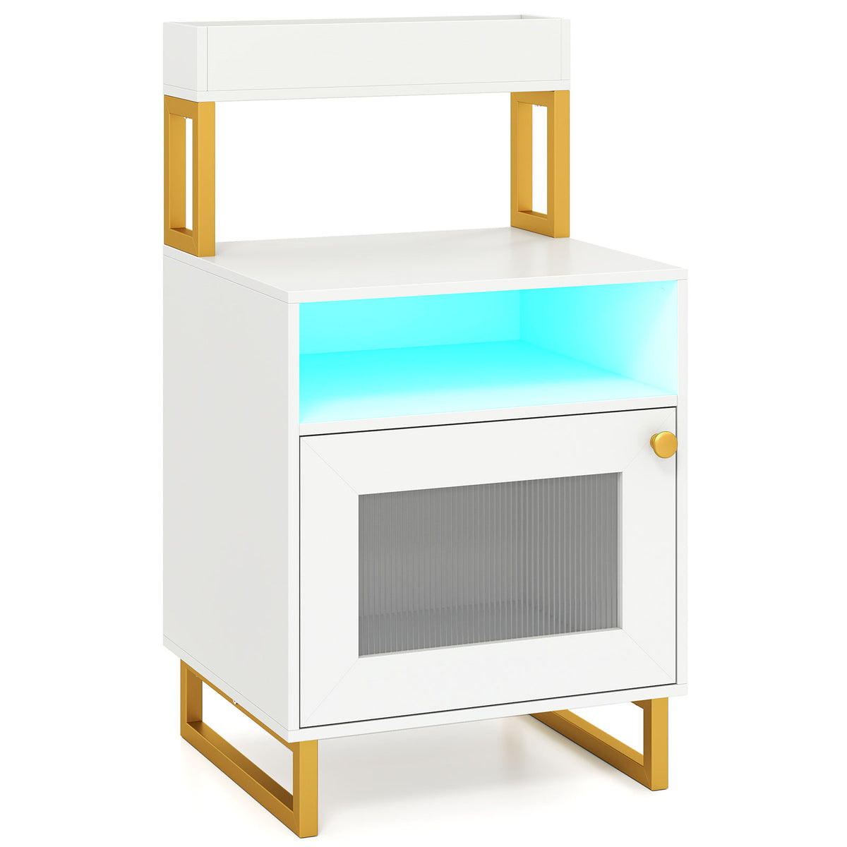 Nightstand with LED Lights Modern End Table with Top Tray Open Compartment and Storage Cabinet-White view 4