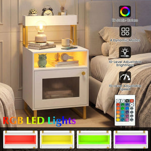 Nightstand with LED Lights Modern End Table with Top Tray Open Compartment and Storage Cabinet-White view 7
