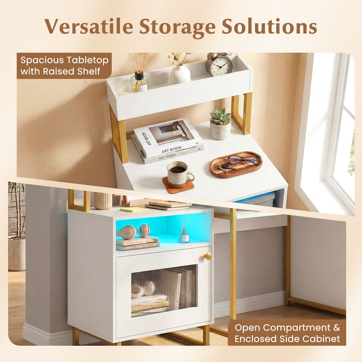 Nightstand with LED Lights Modern End Table with Top Tray Open Compartment and Storage Cabinet-White view 8