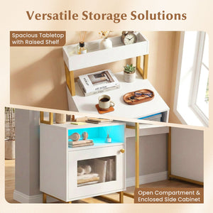 Nightstand with LED Lights Modern End Table with Top Tray Open Compartment and Storage Cabinet-White view 8