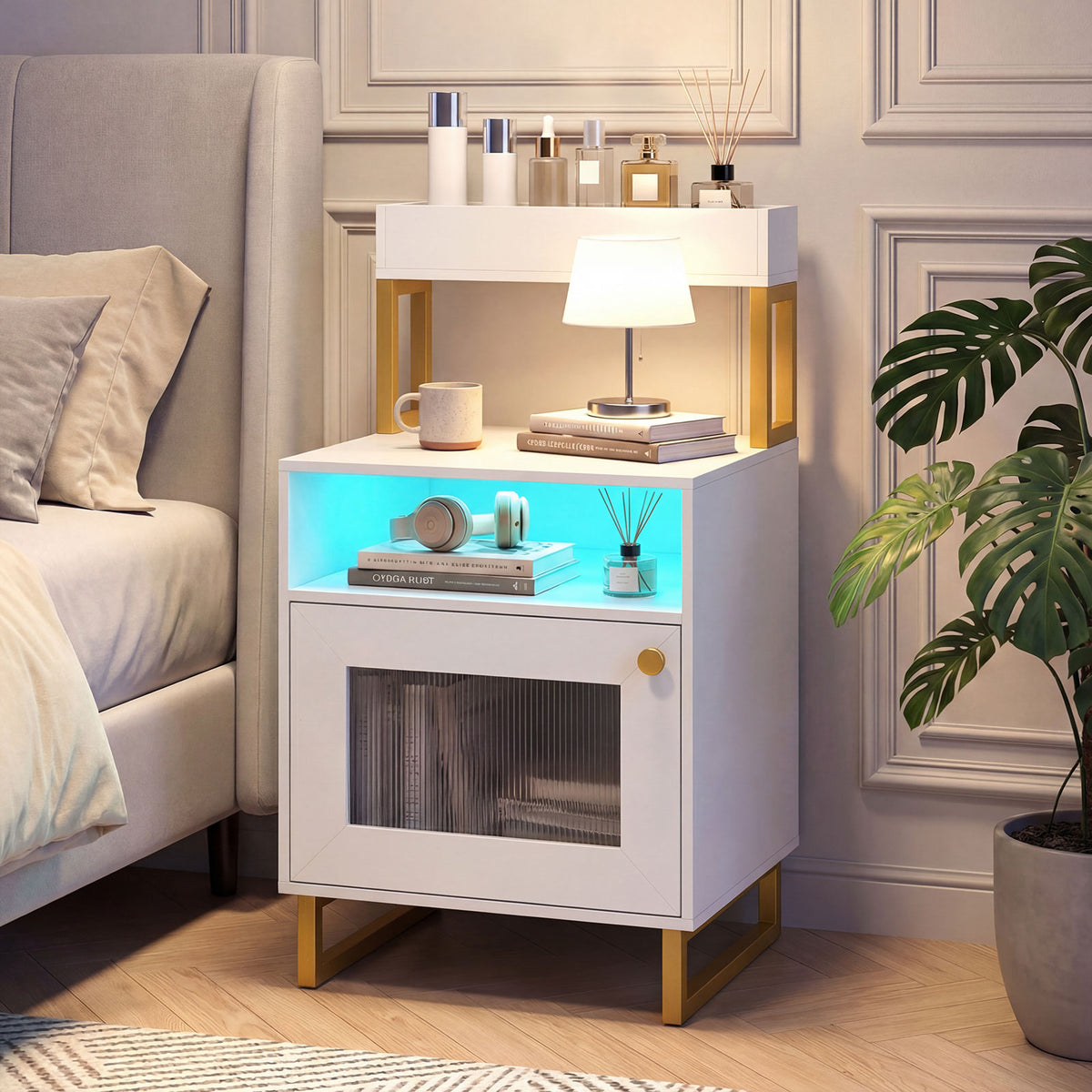 Nightstand with LED Lights Modern End Table with Top Tray Open Compartment and Storage Cabinet-White view 6