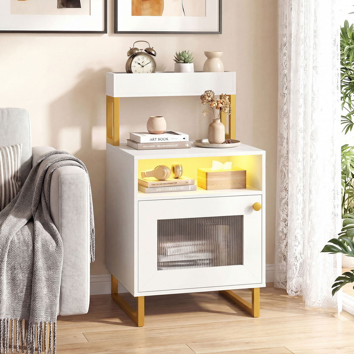 Nightstand with LED Lights Modern End Table with Top Tray Open Compartment and Storage Cabinet-White view 2