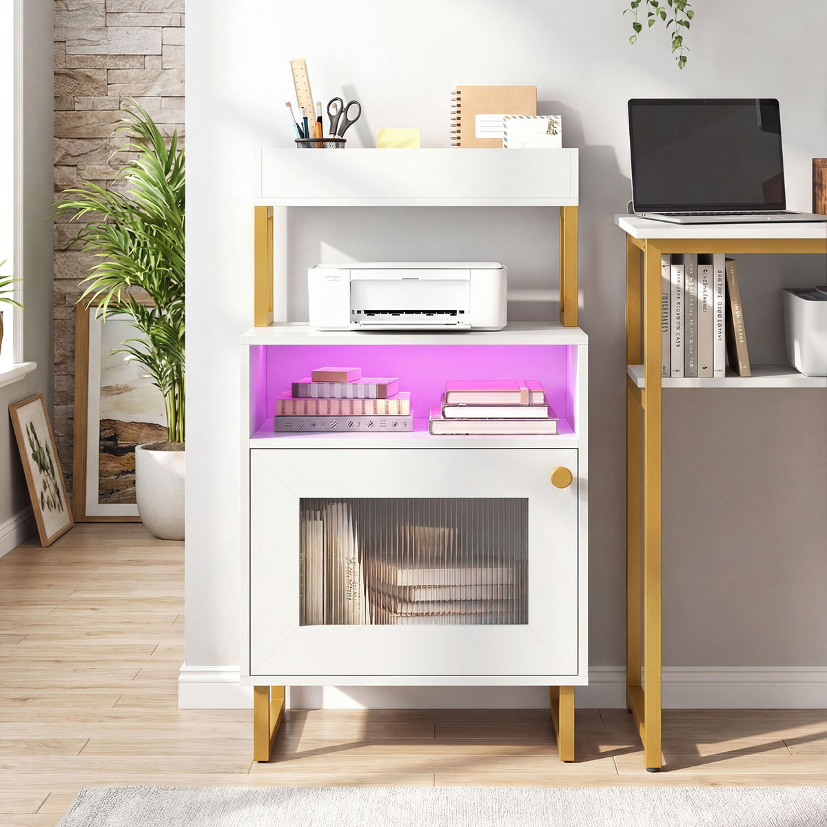 Nightstand with LED Lights Modern End Table with Top Tray Open Compartment and Storage Cabinet-White view 3