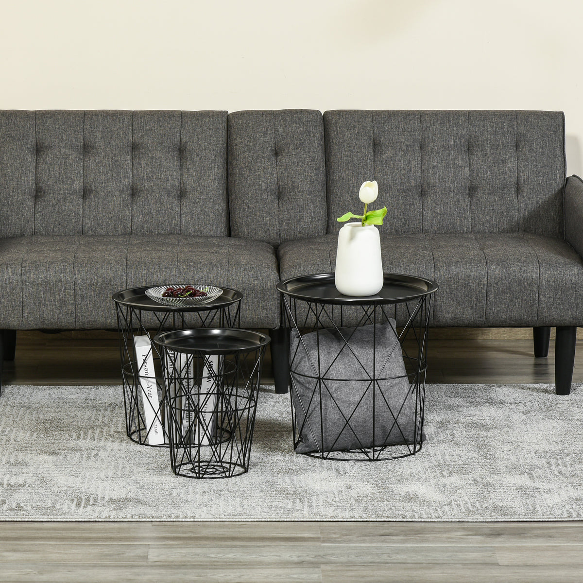 Set of 3 Nesting Coffee Tables with Storage, Round End Table with Removable Tray, Basket Side Tables with Metal Frame for Living Room, Black