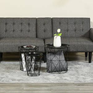 Set of 3 Nesting Coffee Tables with Storage, Round End Table with Removable Tray, Basket Side Tables with Metal Frame for Living Room, Black