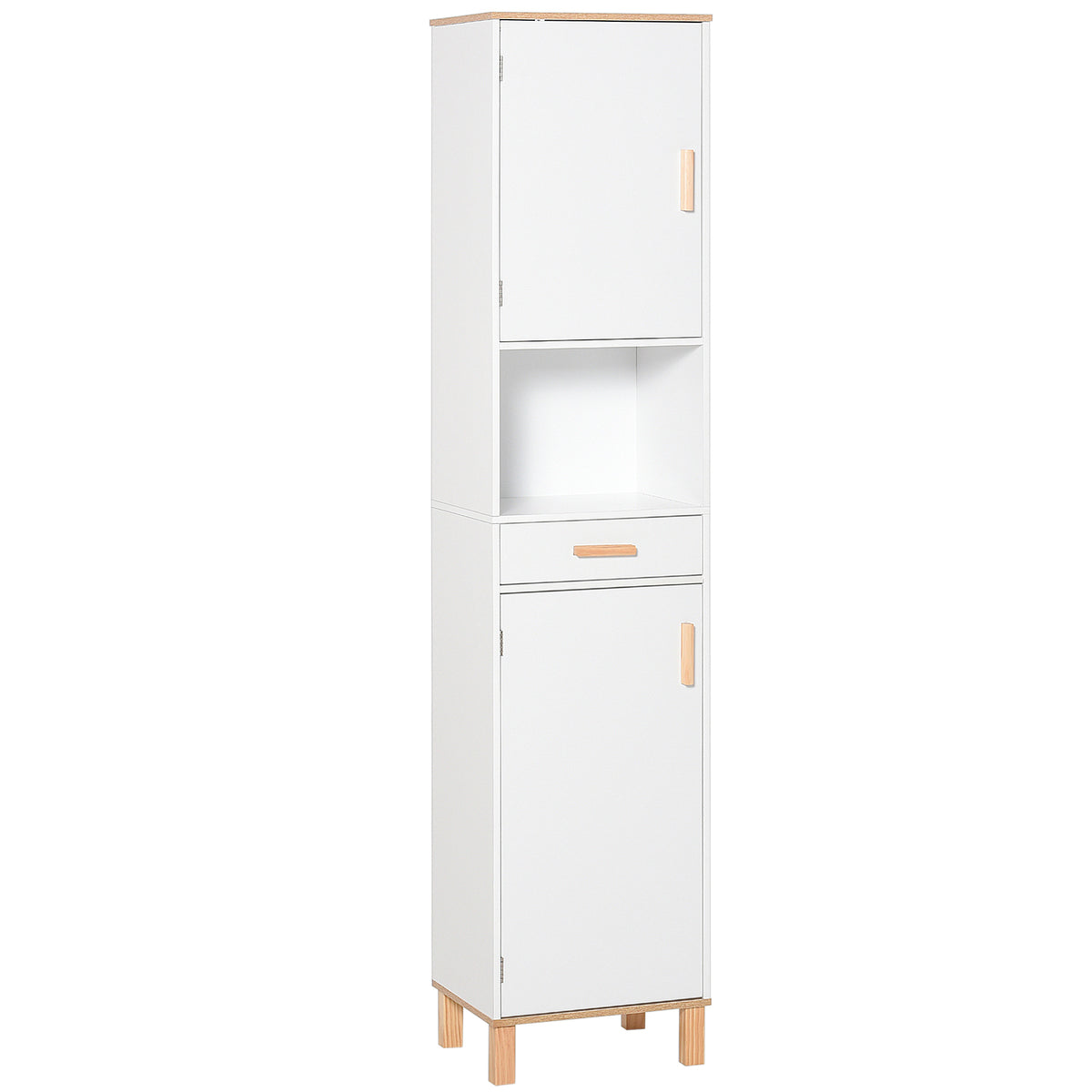 Bathroom Storage Cabinet with Cupboards and Drawer, Floor Free Standing Linen Tower, Tall Slim Side Organizer Shelves, White