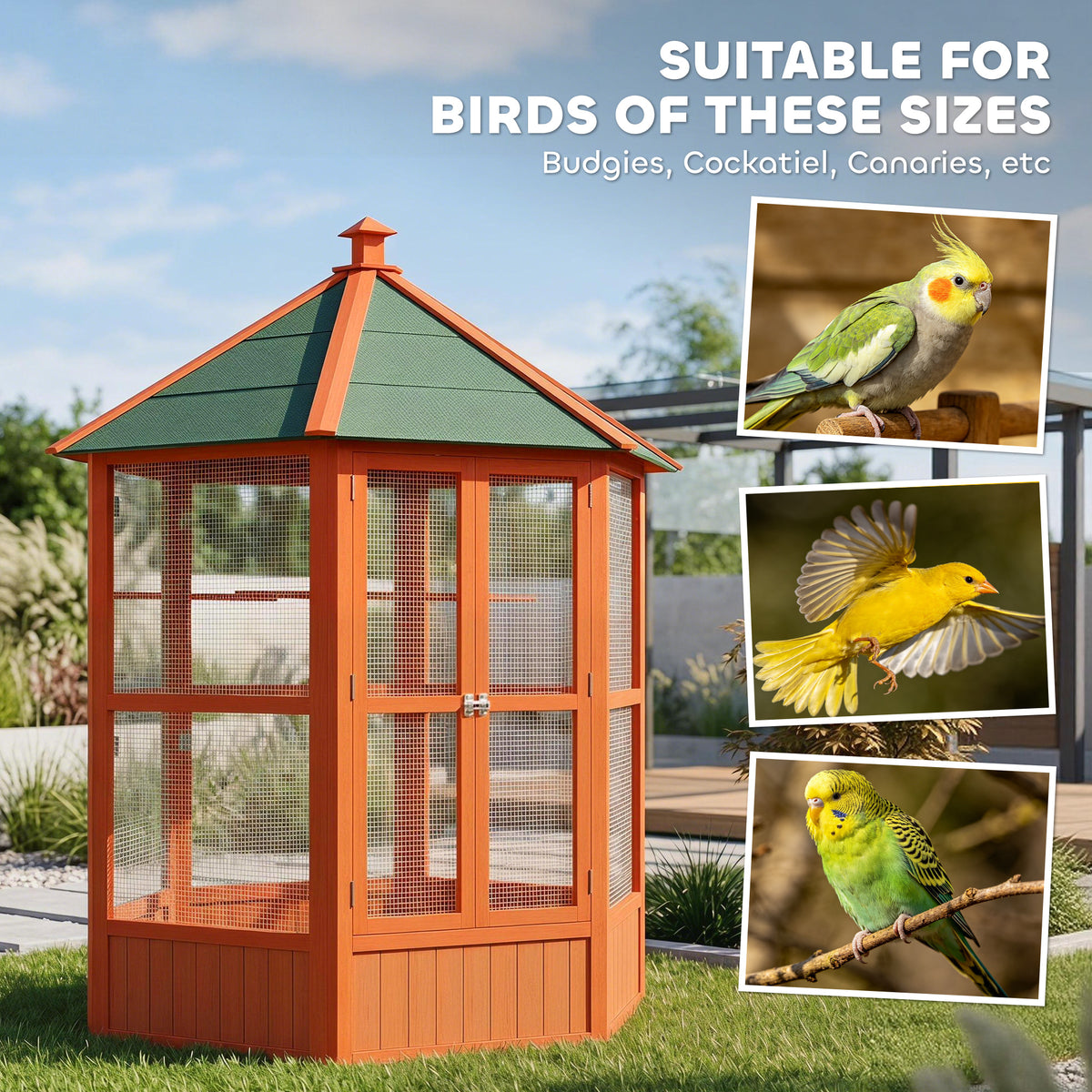 70"H Wooden Bird Cage Hexagonal Outdoor Aviary with Doors