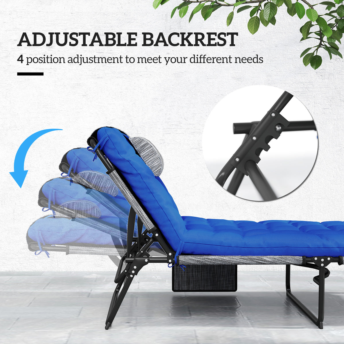 Folding Lounge Chair with 4-level Reclining Back & Cushion, Blue