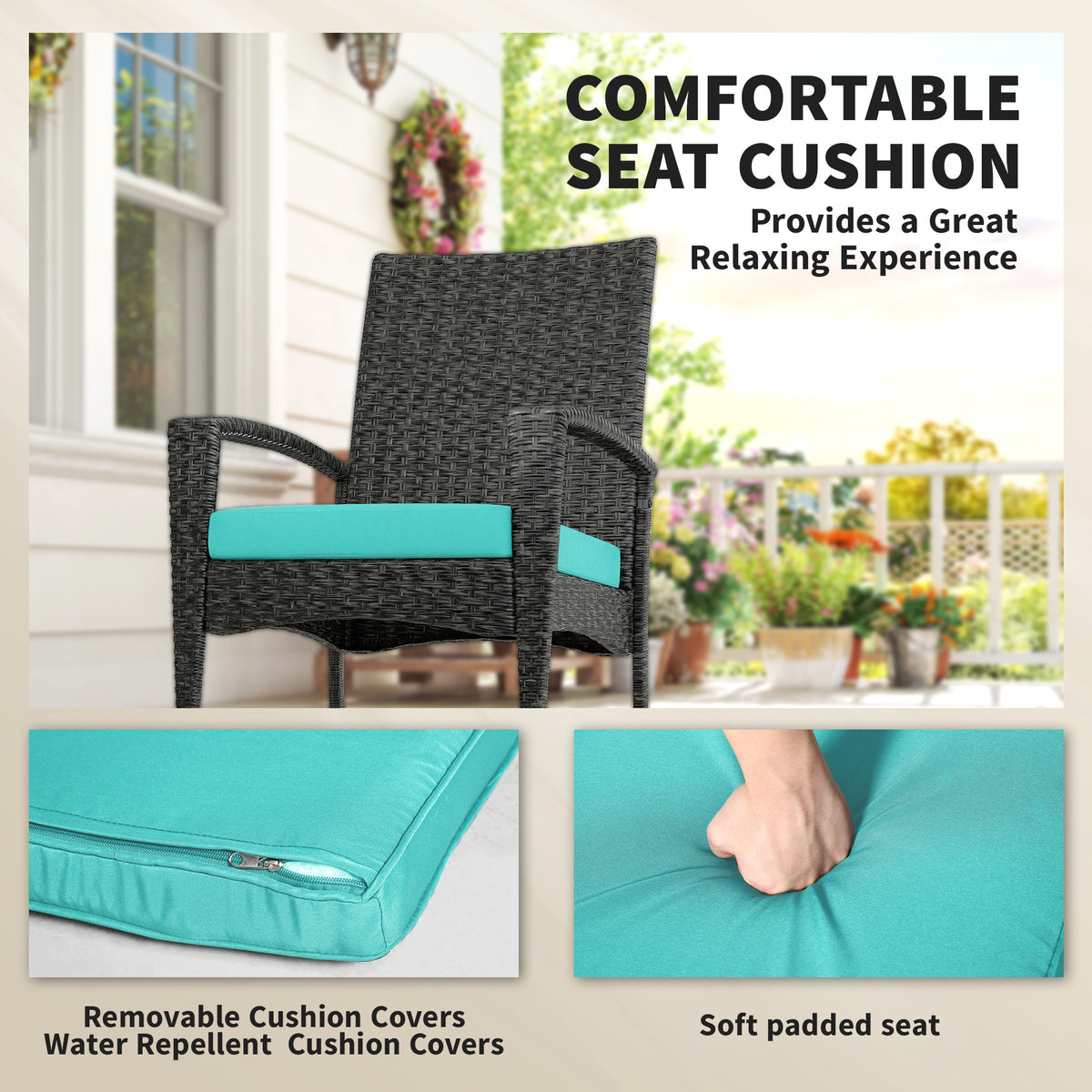Outdoor Rocking Chair, Patio Wicker Chair Removable Cushion, High Back and Armrests for Porch Balcony, Turquoise