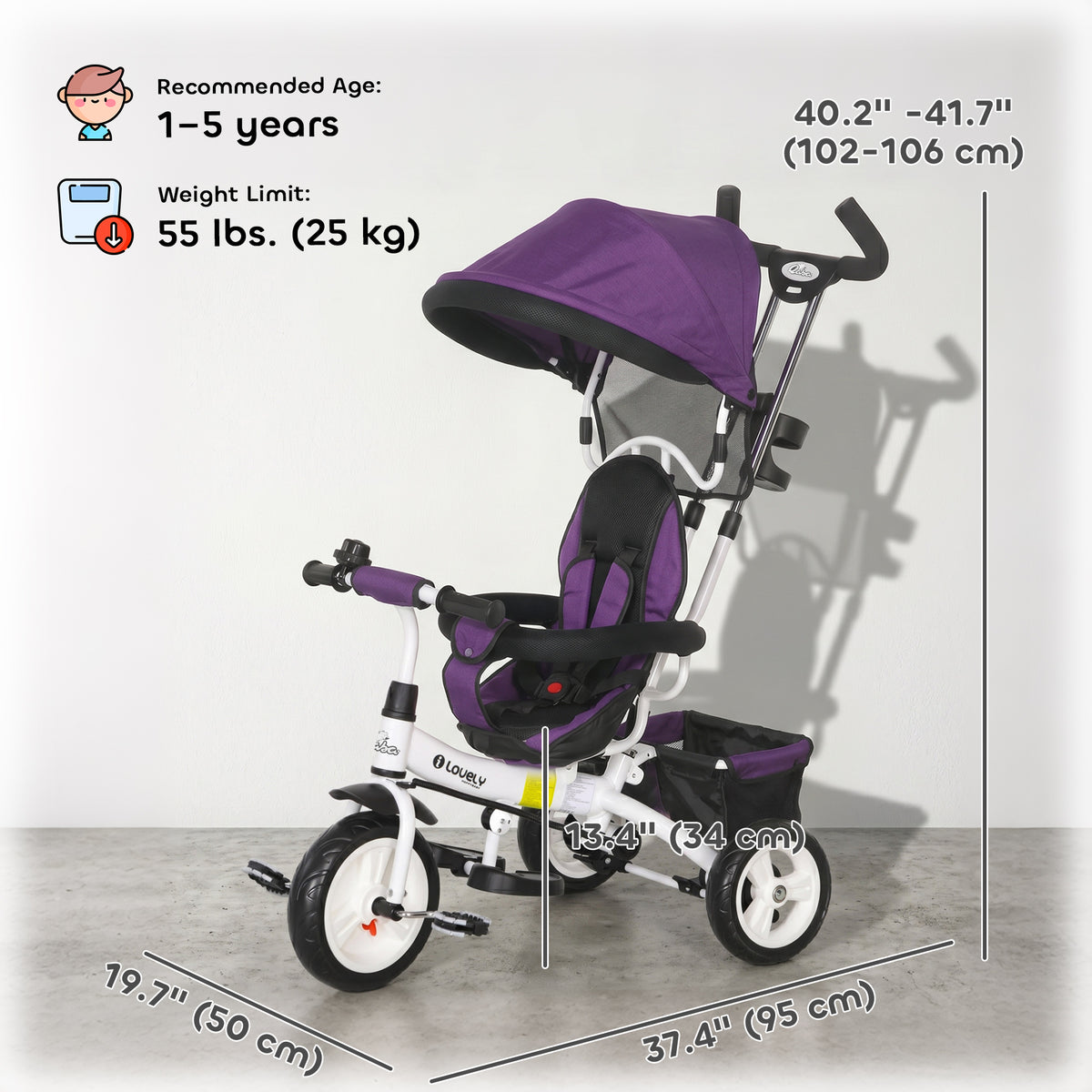 Qaba 6 in 1 Toddler Tricycle Stroller with Basket, Canopy, 5-point Safety Harness, for 12-60 Months