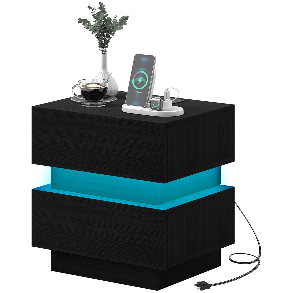 Bedside Table with Charging Station and LED Light Modern Nightstand with USB Ports AC Outlets Drawers