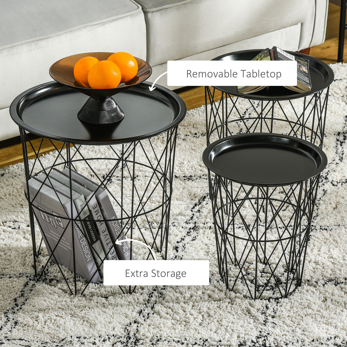 Set of 3 Nesting Coffee Tables with Storage, Round End Table with Removable Tray, Basket Side Tables with Metal Frame for Living Room, Black