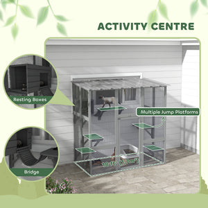 Large Outdoor Catio with Weatherproof Roof, Bridge, Resting Box, Platforms, Grey – view 4