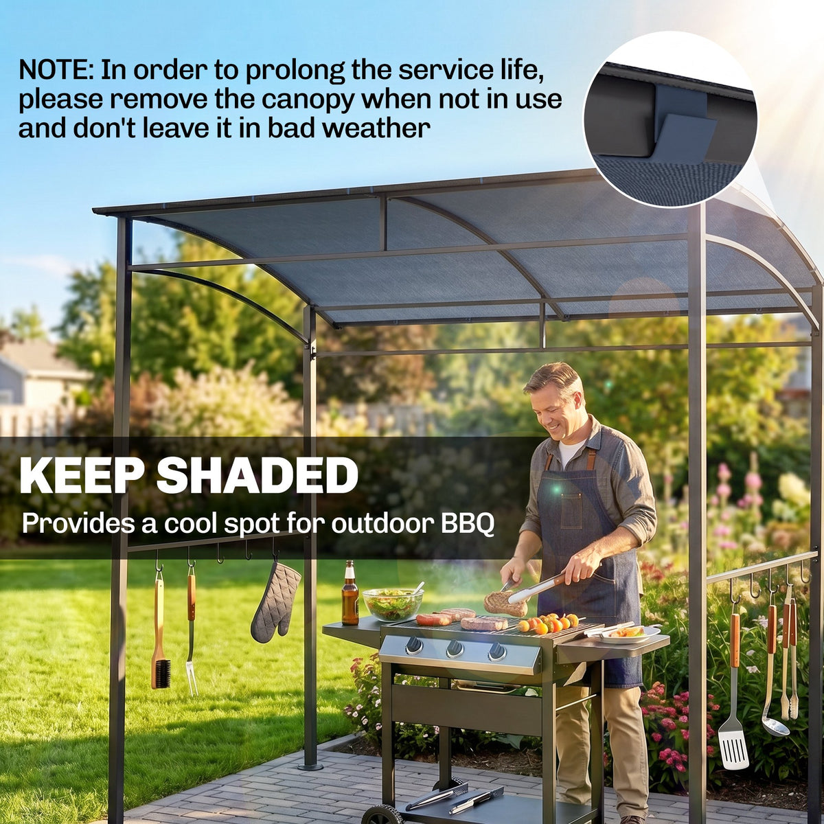 7' x 5' BBQ Grill Gazebo Tent, Garden Grill Canopy with Steel Frame and Hooks, Outdoor Sun Shade, Grey – view 3