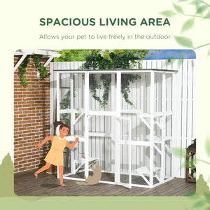 Large Outdoor Catio Enclosure, Weatherproof Cat House with Asphalt Roof,  Wooden Cat Patio Cage with 6 Balanced Platforms, 71" x 39" x 71", Grey