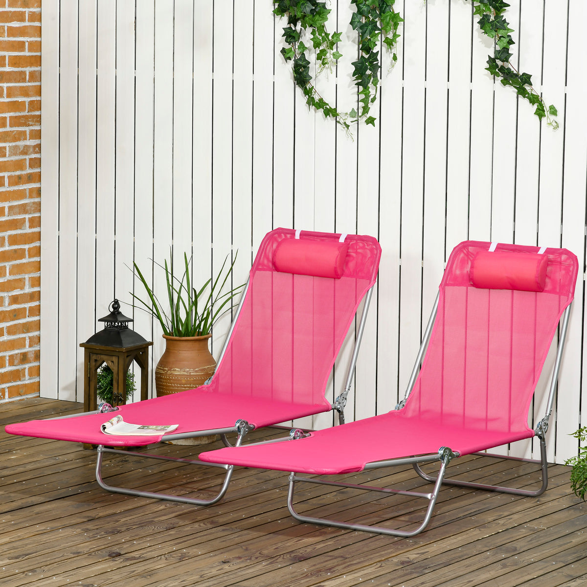 Set of 2 Folding Chaise Lounge Chairs, Outdoor Poolside Sun Tanning Chairs w/ Pillow, Reclining Backrest – view 28