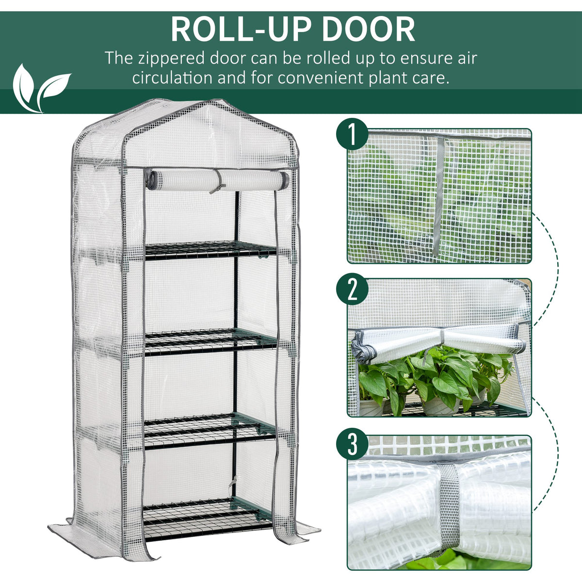Portable Greenhouse Outdoor Hot House with 4 Tier Shelves, Steel Frame, PE Cover, 28" x 20" x 63" , White – view 10