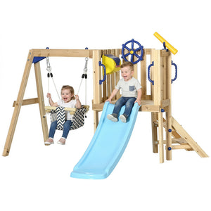 Wooden Kids Swing Set with Slide, Swing Seat, Captain's Wheel, Telescope, for Ages 18-48 Months, Natural