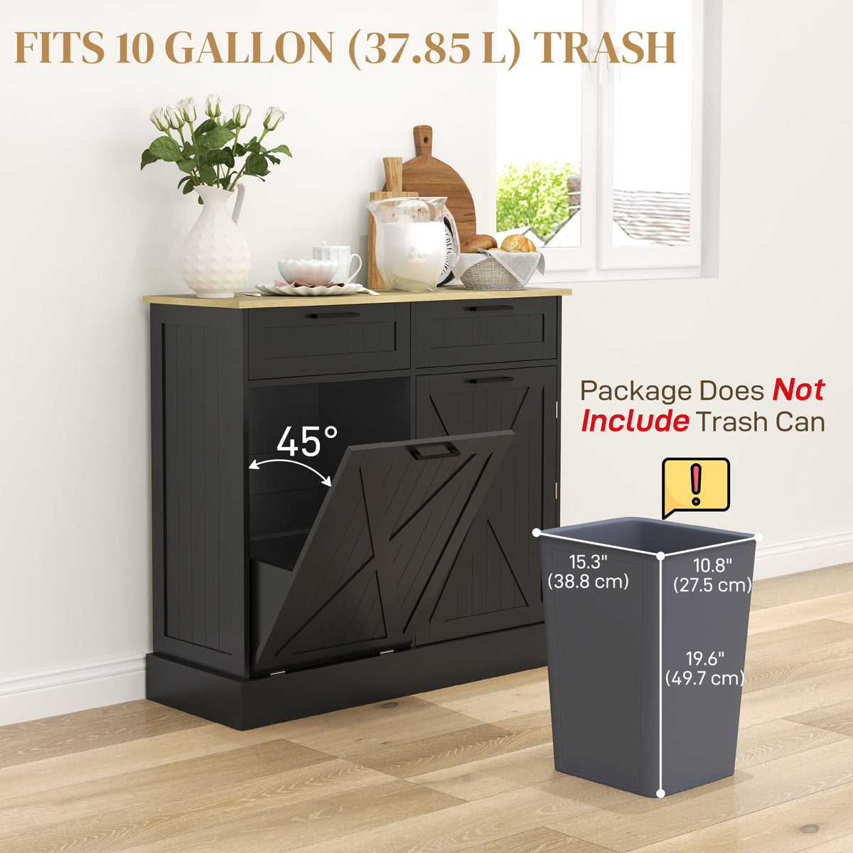 10 Gallon Hidden Garbage Bin Cabinet, Tilt Out Trash Cabinet w/ 2 Drawers, Freestanding Kitchen Island – view 4