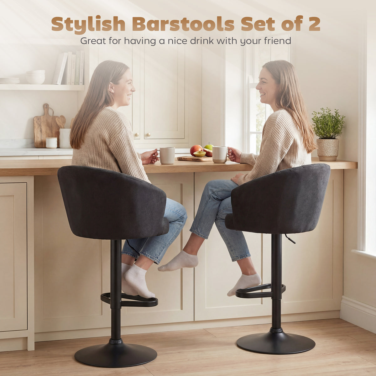 Bar Stools Set of 2, Swivel Counter Height Barstools with Back, Footrest, Adjustable Height, Beige – view 10