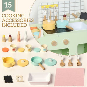 Qaba Kids Kitchen Playset with 15 Accessories, Microwave Oven, Cabinets, for Boys and Girls Ages 3+, Green