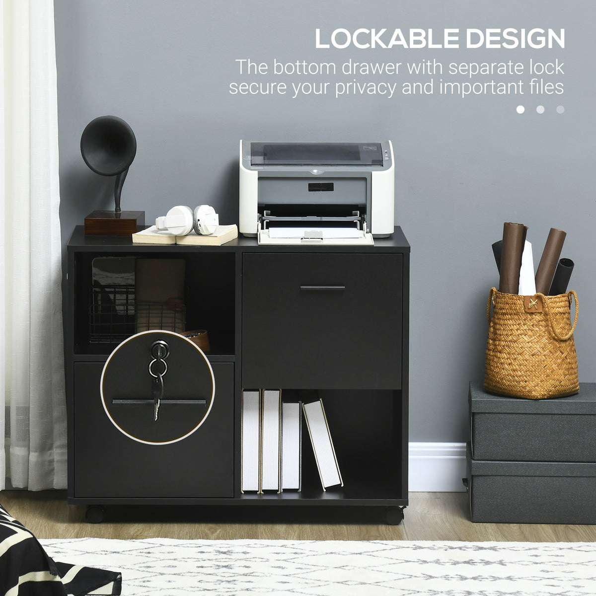 Mobile Printer Stand, Lateral File Cabinet with Lock, Filing Cabinet with Hanging Bars for Letter, A4 Size, Black