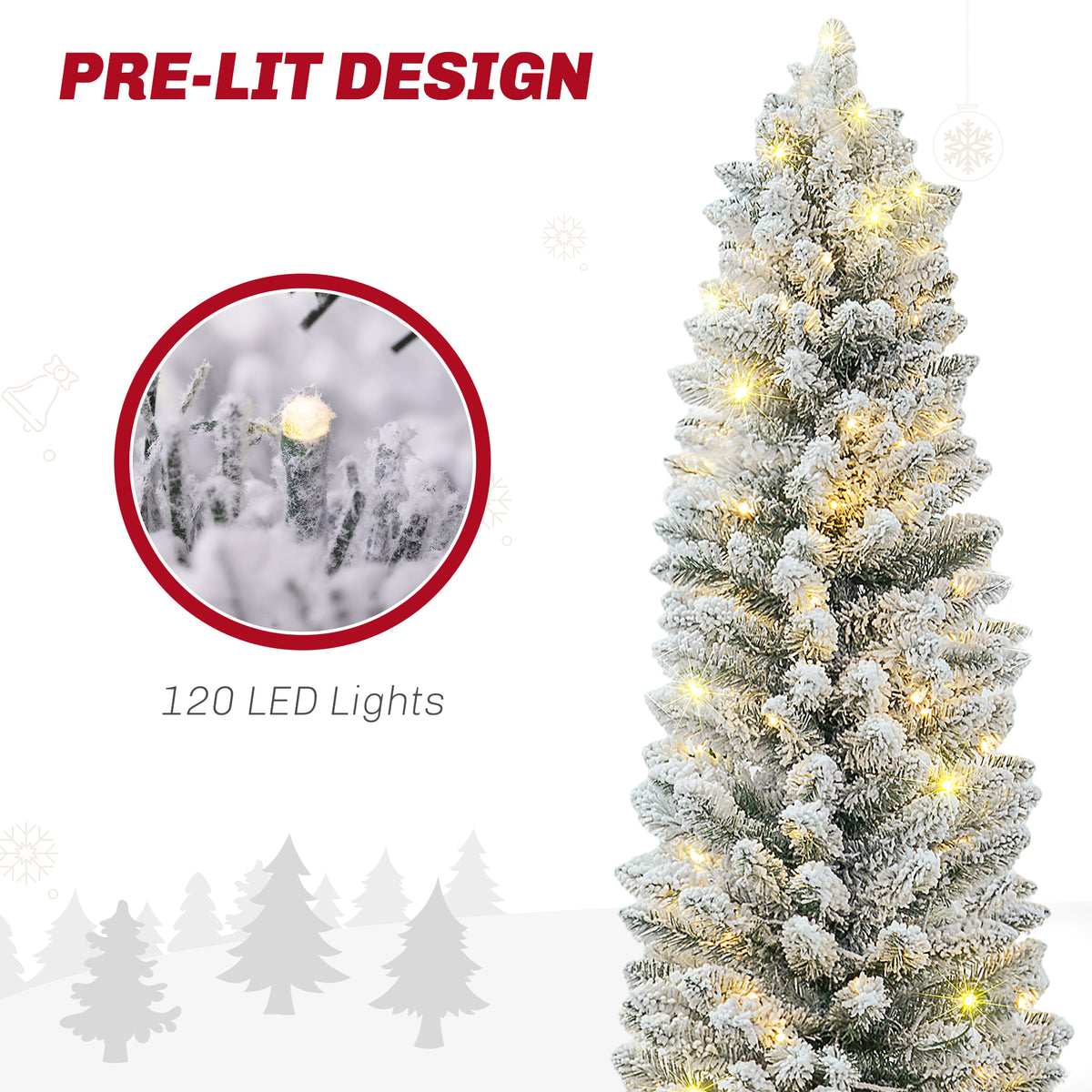 5ft Artificial Prelit Christmas Tree with Warm White LED Light, Snow Flocked Branches, Metal Base, Pencil Xmas Tree