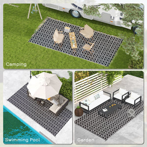 Reversible Outdoor Rug, Waterproof Plastic Straw RV Rug with Carry Bag, 9' x 18', Black and White Clover
