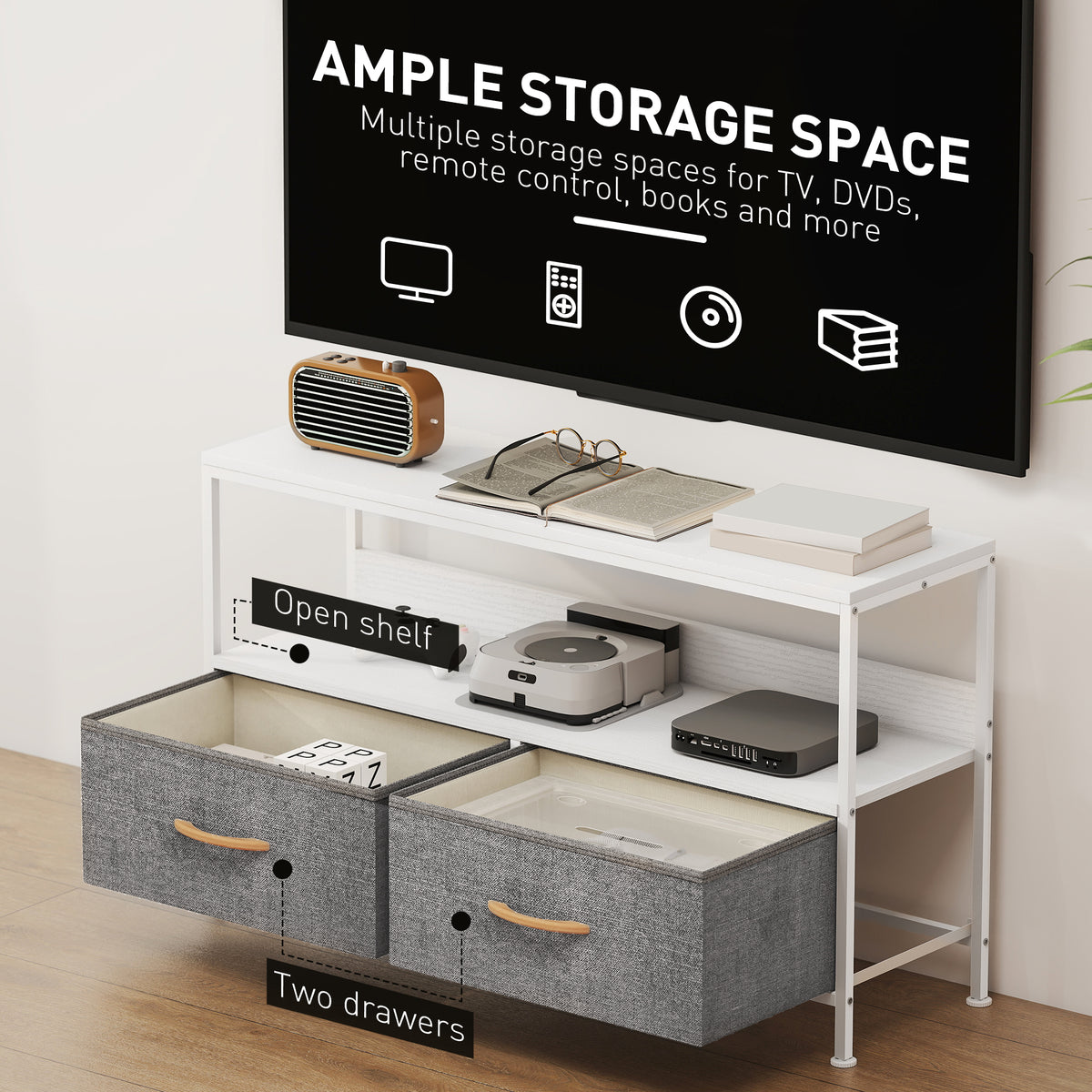 TV Stand with Charging Station, TV Table with 2 Foldable Linen Drawers and Open Shelf for 47 Inch – view 11