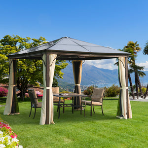 10 x 10 ft Hard Top Gazebo Canopy, Outdoor Patio Shelter with Heavy-Duty Metal Frame, Sun Shade with Curtains and Waterproof Roof for Backyard, Beige Coffee