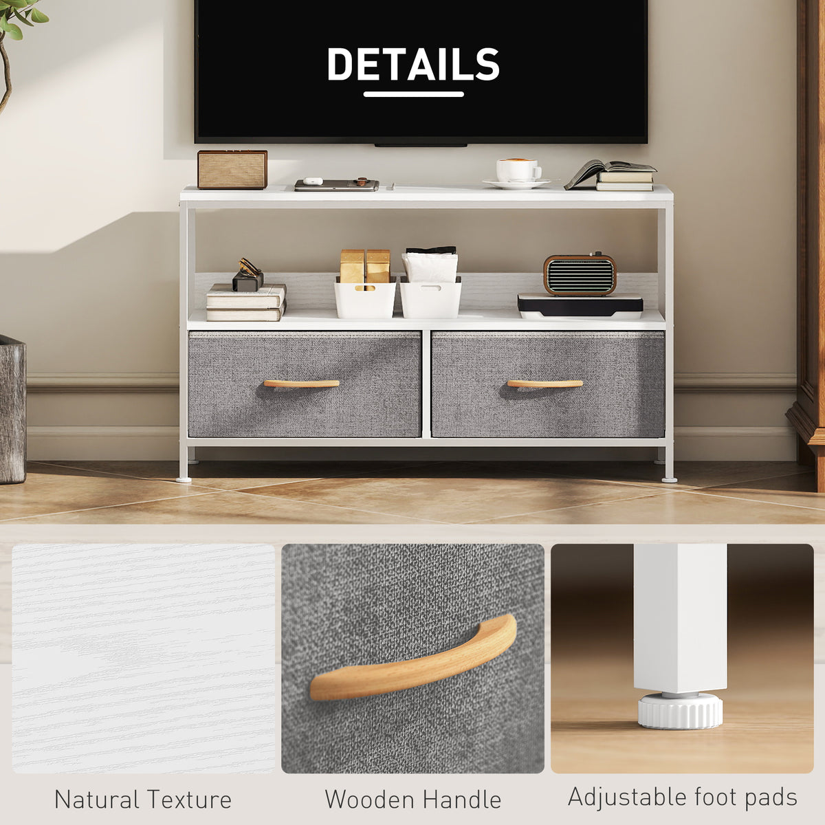 TV Stand with Charging Station, TV Table with 2 Foldable Linen Drawers and Open Shelf for 47 Inch – view 12