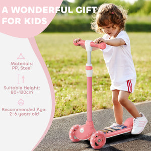 Qaba 3 Wheel Kids Scooter, Toddler Kick Scooter with Adjustable Height, Rear-Fender Brake, LED Light, TPE Handlebar