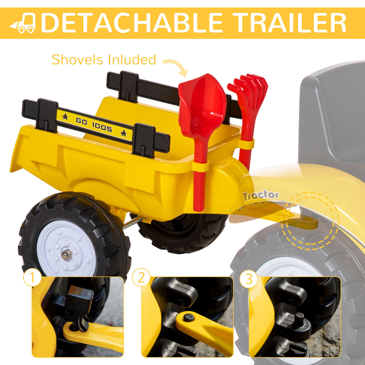 Aosom Ride on Toy Dump Truck for Kids, Pedal Construction Car with Detachable Trailer for 3 Years Old, Yellow