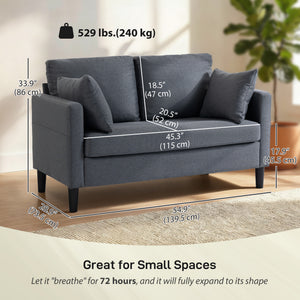 55" Loveseat Sofa, Modern Linen Upholstered Couch with Spring Cushion, 2 Pillows, Dark Grey