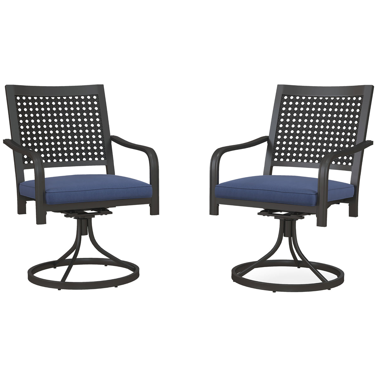 2 Pieces Patio Swivel Chairs with Cushion, Outdoor Swivel Rocker with Curved Armrests, Backrest for Garden, Balcony, Porch, Navy Blue
