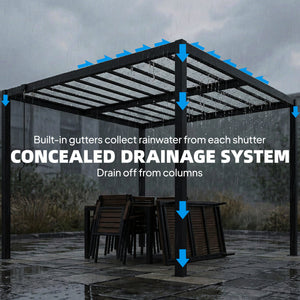 9.5 x 10 ft Louvered Pergola with PC Roof, Aluminium Outdoor Pergola Gazebo with Drainage Gutters, Handle, Clear