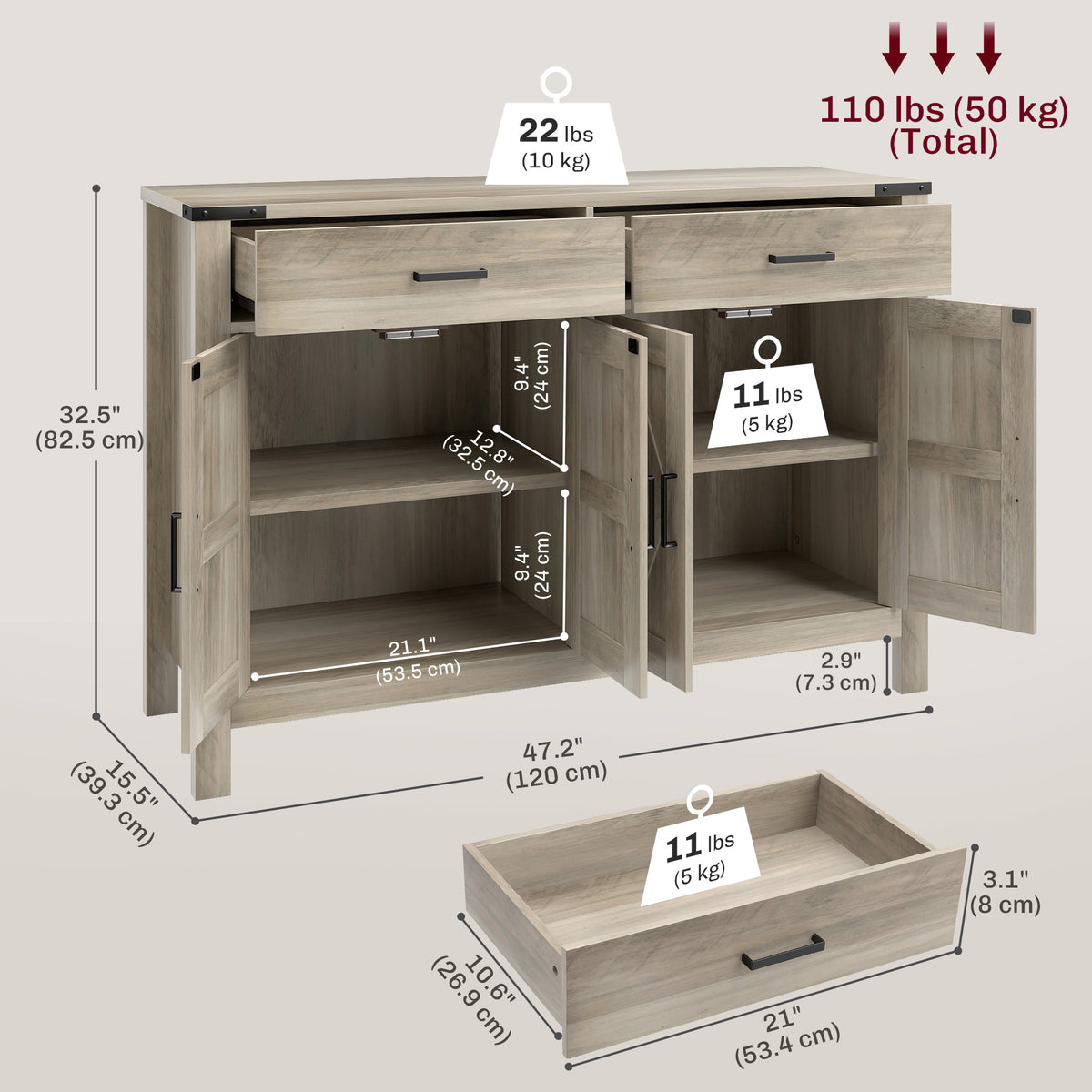 Side Cabinet, Farmhouse Kitchen Storage Cabinet w/ 2 Drawers and Shelves for Living Room, Entryway, Grey – view 8