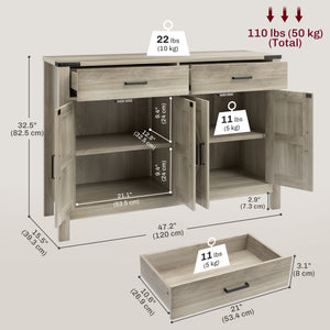 Side Cabinet, Farmhouse Kitchen Storage Cabinet w/ 2 Drawers and Shelves for Living Room, Entryway, Grey – view 8