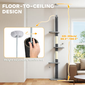 88.5"-100.5" Floor to Ceiling Cat Tree, Cat Tower with Scratching Posts, Cloud Shaped Platforms, Dangling Balls, Cream
