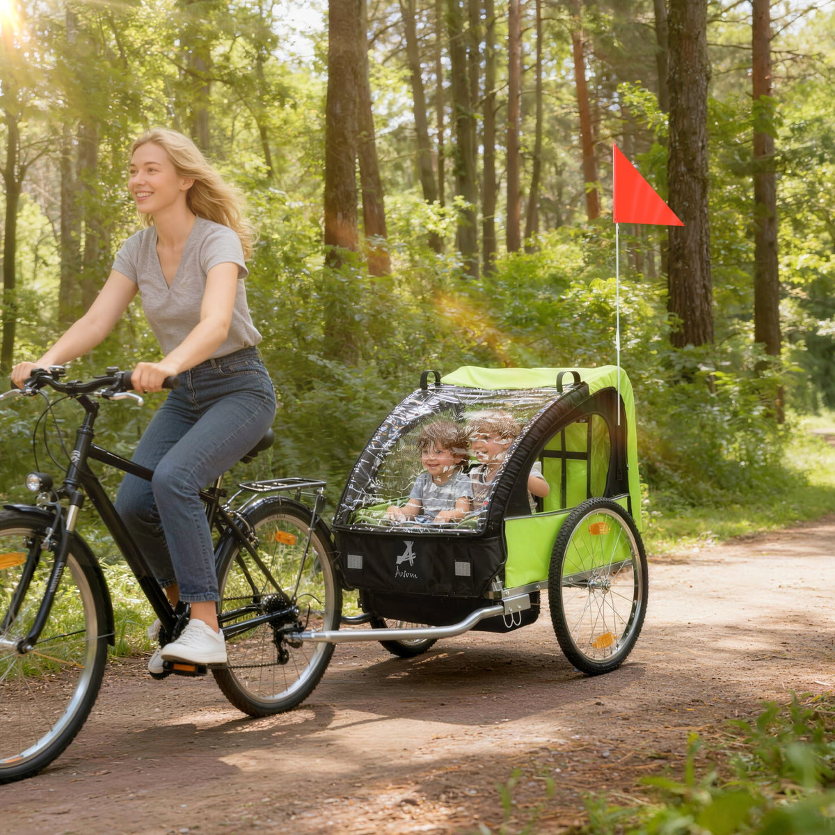Aosom 2-Seat Child Bike Trailer for Kids with a Strong Steel Frame, 5-Point Safety Harnesses, & Comfortable Seat
