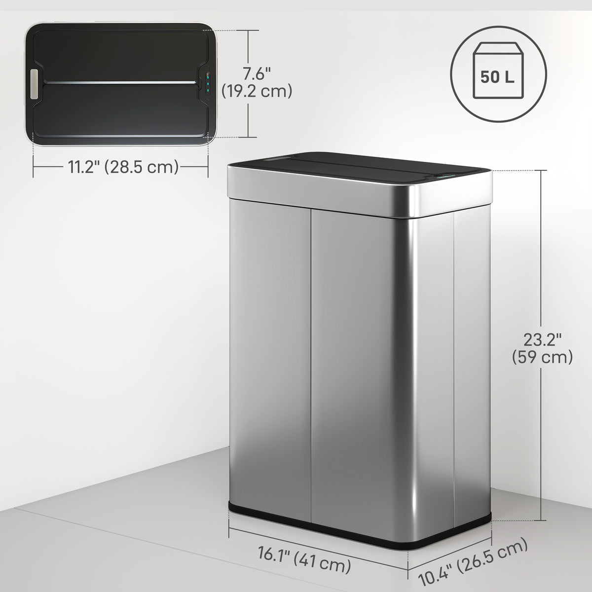 14.5 Gal (55 L) Sensor Can, Garbage Can with Soft-Close Butterfly Lid, Fingerprint-Proof Stainless Steel, Silver