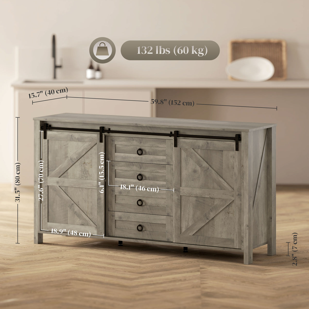 60" Buffet Cabinet, Farmhouse Sideboard with Sliding Barn Doors, Drawers and Adjustable Shelves, Cream White – view 9