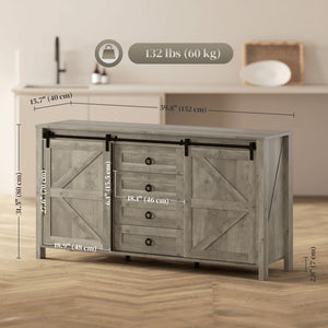 60" Buffet Cabinet, Farmhouse Sideboard with Sliding Barn Doors, Drawers and Adjustable Shelves, Cream White – view 9