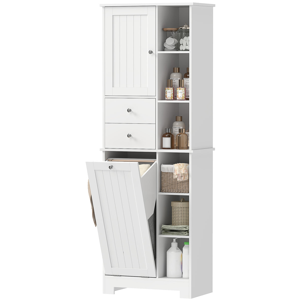 67" Tall Bathroom Storage Cabinet, Slim Bathroom Cabinet with Tilt-Out Laundry Basket, White