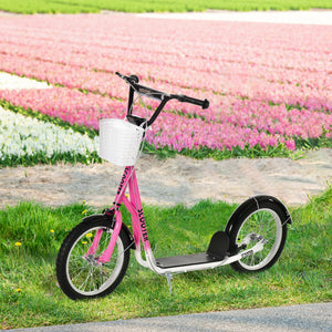 Aosom Kick Scooter with Adjustable Handlebar, Kids Scooter with 2 Brakes Basket Cupholder 16" Inflatable Rubber Tyres
