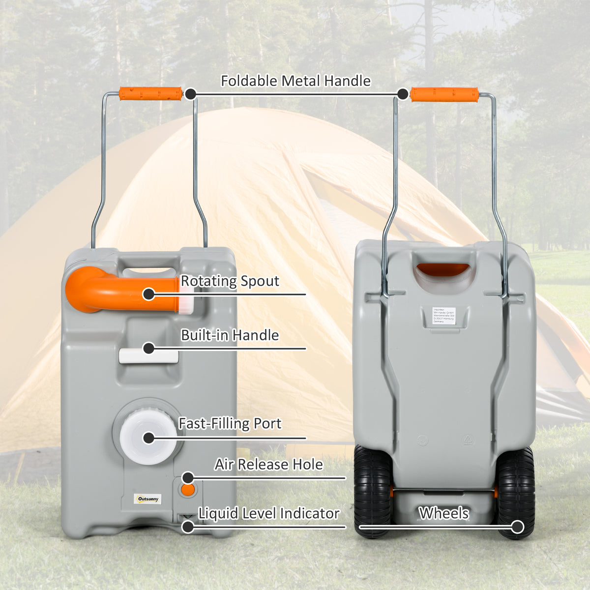 5.8 Gallon RV Waste Tank, Water Container with Collapsible Handle and Wheels, Portable Water Tank for Camping, Grey